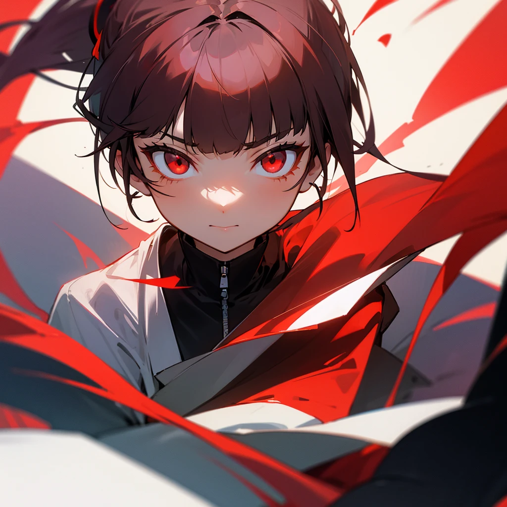 Tall girl Red eyes Dark hair Ponytail with fringe Front face