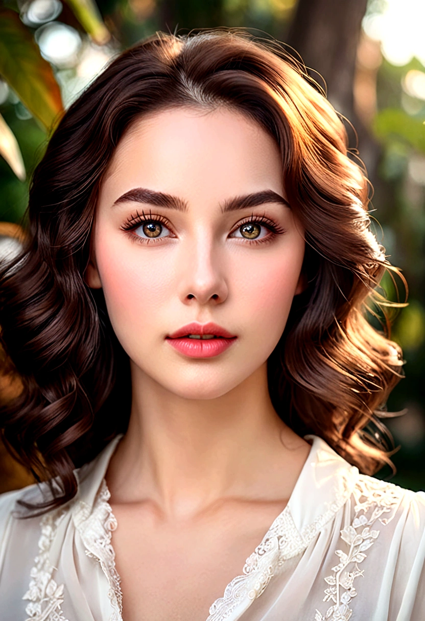 Frontal pose, 1 girl, beautiful detailed eyes, beautiful detailed lips, very detailed face and portrait, flowing soft white blouse, soft hair_thick perm dark brown, slim body_good sized breasts, pale skin, elegant portrait, Stock photography, 8k, high quality, photorealistic, realistic, detailed, masterpiece, sharp focus, professional, vivid colors, bokeh