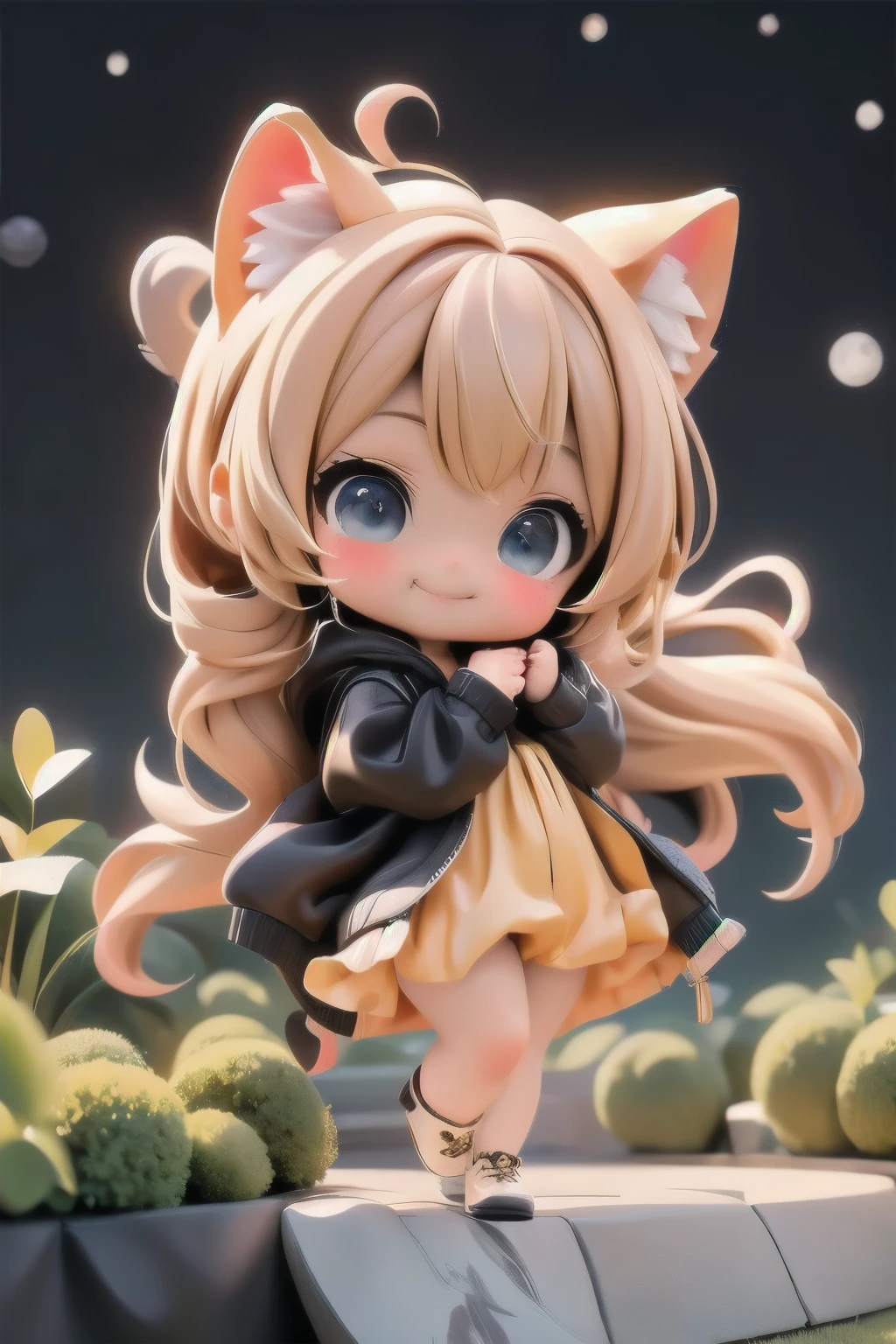 cute chibi girl smiling wearing a (cheetah kigurumi), pumps, action pose, dynamic angle, location garden at night, garden outdoors, starry sky, moon