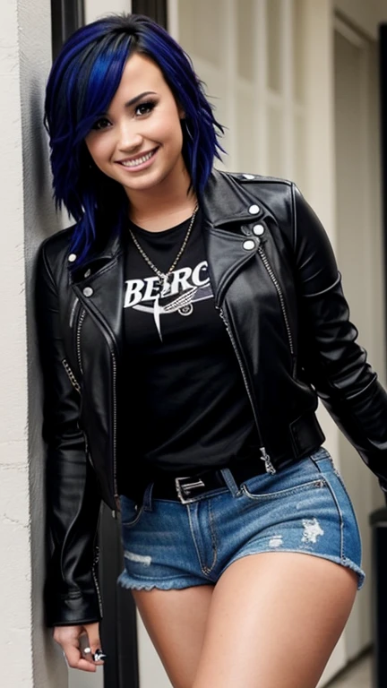 Artistic Image, a 30 year old man with an oval face, neat short black hair, and a short thin beard, arched eyebrows, looking at to us, faint smile, smiling thinly, sparkling eyes looking forward, wearing a blue t-shirt that says 'DJ MAXI', wearing an open black leather jacket and blue jeans, right hand pointing a thumb towards the front, left hand in the front pocket of jeans, body pose standing straight in front of a parked black Harley Davidson motorbike, with the background of the alleys of modern urban buildings., whimsical and exaggerated art style, inspired by Pixar and DreamWorks animation, vibrant colors, office room background, detailed and lively environment, soft light, rendered in Unreal Engine, highly detailed, UHD
