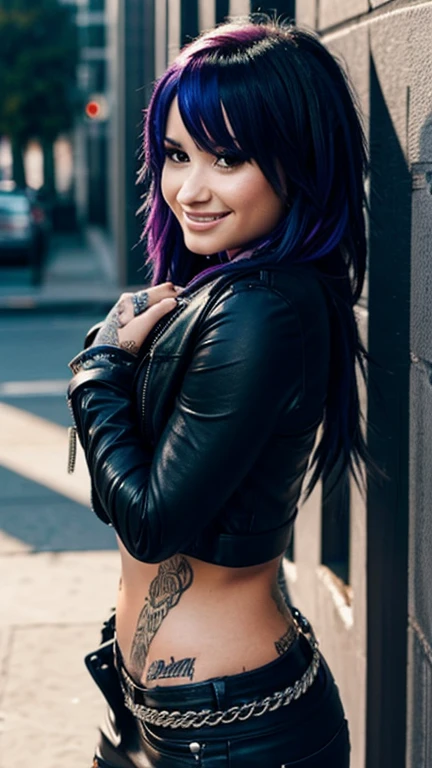 Demi Lovato dressed in emo clothes and smiling sexy.