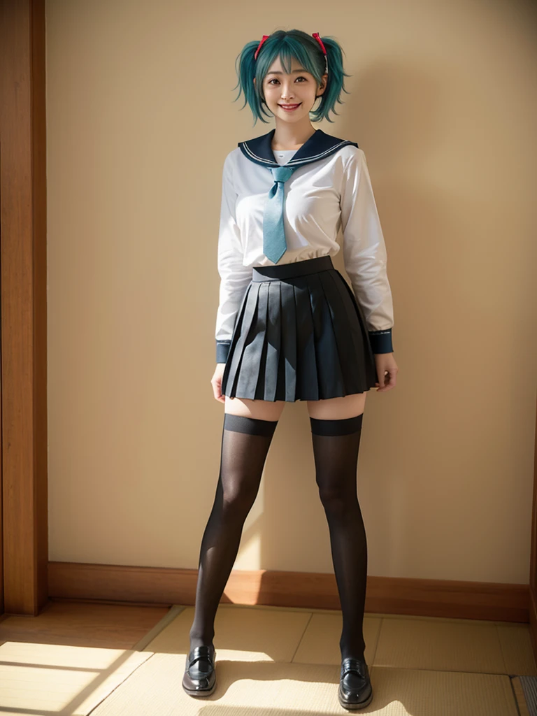 best quality, masterpiece, realistic, photorealistic, 1girl, solo, looking at viewer, smile, standing, full body, arms at side, cosplay, aqua hair, twintails, hair ornament, very short hair, headphones, alternate costume, , sailor collar, shirt, long sleeves, necktie, skirt, pleated skirt, white thighhighs, loafers, simple background, Japanese women、24-years-old
