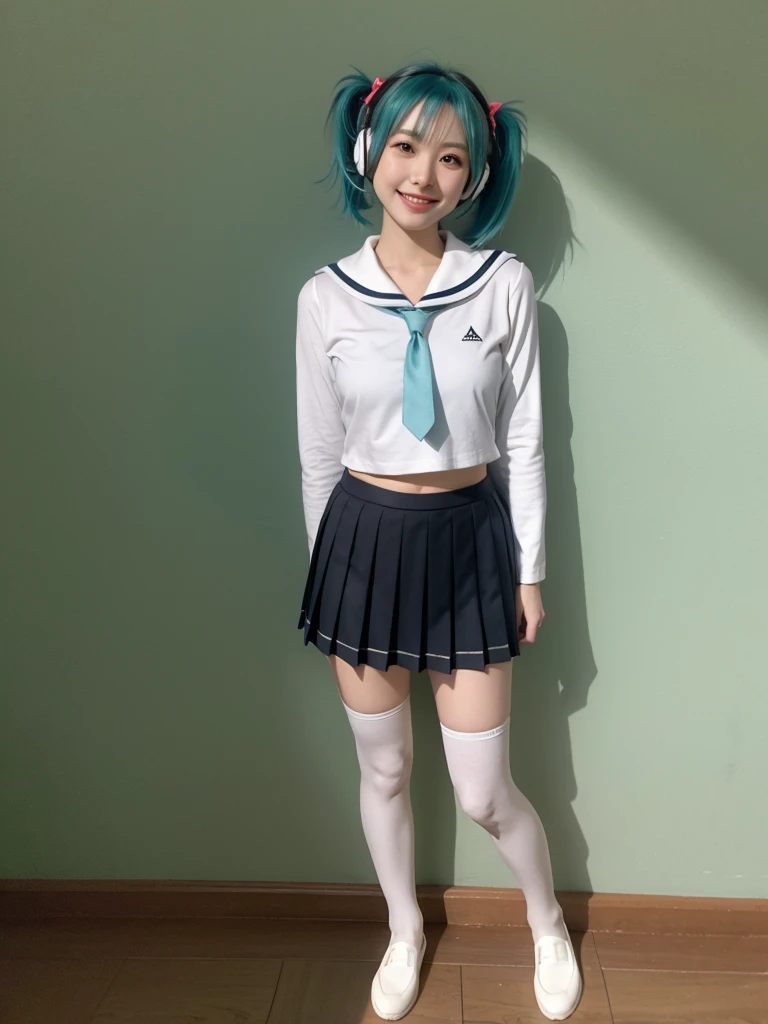 best quality, masterpiece, realistic, photorealistic, 1girl, solo, looking at viewer, smile, standing, full body, arms at side, cosplay, aqua hair, twintails, hair ornament, very short hair, headphones, alternate costume, , sailor collar, shirt, long sleeves, necktie, skirt, pleated skirt, white thighhighs, loafers, simple background, Japanese women、24-years-old