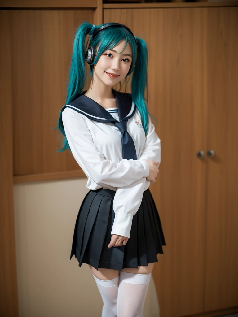 best quality, masterpiece, realistic, photorealistic, 1girl, solo, looking at viewer, smile, standing, full body, arms at side, cosplay, aqua hair, twintails, hair ornament, very short hair, headphones, alternate costume, , sailor collar, shirt, long sleeves, necktie, skirt, pleated skirt, white thighhighs, loafers, simple background, Japanese women、24-years-old