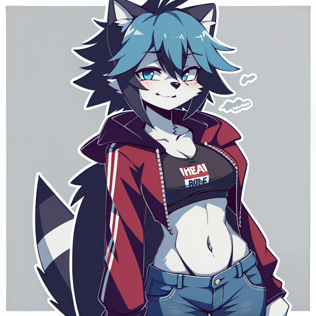girl, raccoon, furry, breasts, fur, blue hair, hair on forehead, disheveled, red clothing, crop top, hoodie, pants, denim, six pack, solo.