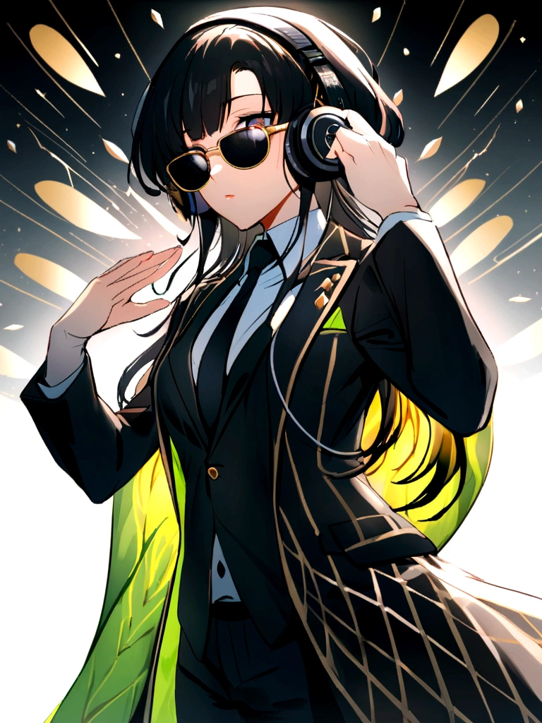 Perfect centering, cute panda, Wear an elegant suit, as host、wearing sunglasses, using headphones, standing position, abstract beauty, centered, looking to the camera, to the camera, almost perfect, dynamic, Moonlight, Very detailed, digital paint, untilステーション, until conceptuale, seeds, sharp focus, 8k, high resolution, cipher, until：Carne Griffith、Vadim Kashin, White background