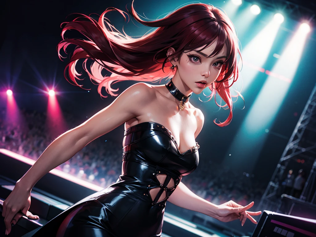 splash art, original art, 1 women, 4k, ((low pov)), low shot, low angle, ((dynamic angle)), ((visual effect)), ultra realistic, dark environment with neon lighting, neon, big stadium concert venue, singer, rockstar, concert, beautiful lighting effect, sexy, (((seductive))), speed movement, magic, ultra detailed, red medium hair, sexy black dress, strapless tube top dress, beutiful pose, cinematic, action.