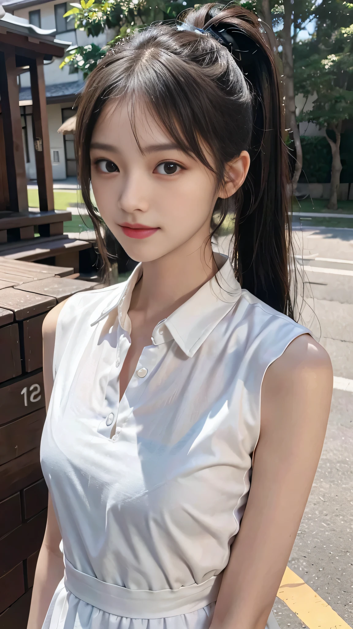 collared dress,Park,On the lawn,Close up face,One woman,masutepiece, The highest image quality, High quality, the background is clear,Beautiful woman, Japanese,Ultra-detailed, finely detail, hight resolution, 8K Wallpaper, Perfect dynamic composition, Beautiful detailed eyes , Detailed, Detailed eyes, Detailed skin, Beautiful skin, 超hight resolution, (reality: 1.4),Very beautiful woman, Slightly younger face, Beautiful skin, slender, (Ultra photo realsisim), (hight resolution), (8K), (Very detailed) (beautifully detailed eyes), (super detailed), (Detailed face), view the viewer, Fine details, Detailed face, Staring straight ahead, Staring straight ahead, photos realistic, Bright lighting, Professional Lighting, Black hair,poneyTail,a baby face,fourteen years old,Hairstyle: ponytail,Long ponytail hairstyle,slight smile,neat and tidy clothing,Beautiful Japanese KPOP idol photo, hair style is ponytail, my eyes are double and wide, baby face, smile and look straight ahead, slender, small breasts,Close up face,