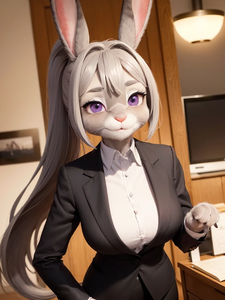 best quality,
masterpiece,
hyper Realistic,
ultra-detailed,
beautiful detailed,
4K,8K,High level,
PIXAR,
Photo real,
Portrait,
Looking at the audience,
background is an office,
Realistic lighting,
highlight,
daylight,
((anthropomorphic rabbit)),
detailed animals,
Complex patterns,
(furry:1.5),
(Whole skin is gray:1.4),
(body is fluffy and bushy:1.3),
((human hands)),
(Face is JudyHopps:1.35),
{((long straight hair)), ((long ponytail hair))},
wispy bangs, bangs,
purple eyes,
highlight on eyes,
crisp eyes,
(arched eyebrows:1.2),
(uplift eyebrows:1.1),
(rabbit ears:1.1),
Smile,
raised mouth corners,
office lady is wearing suit,
((White blouse)) BREAK ((Black blazer)) BREAK ((Black pants)),
clothes made of wool,
((She is blushing in the cheeks)),
(solo:1.5),
(1 lady:1.5),
one character only
alone,
Perfect Anatomy,