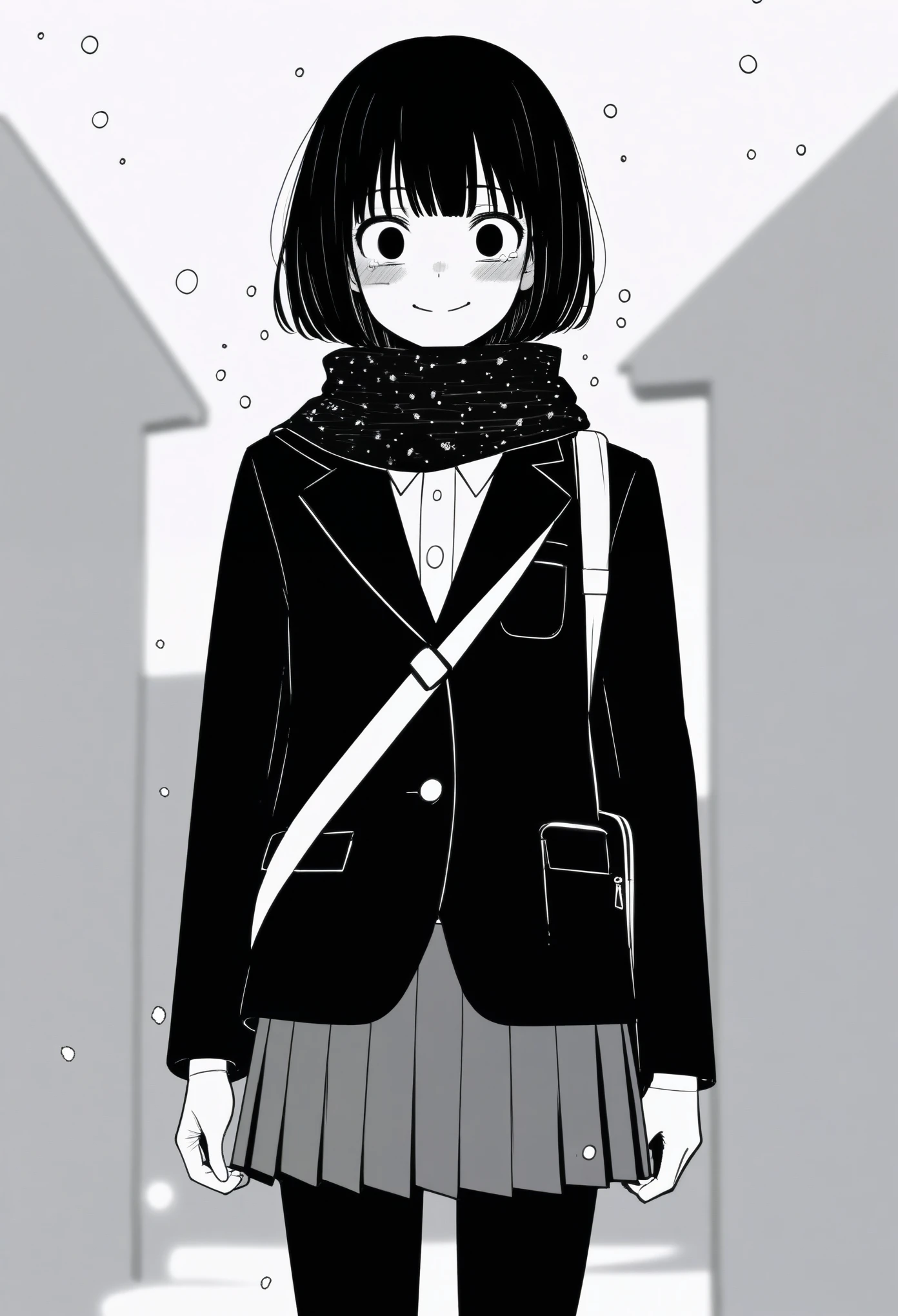 masterpiece, best quality, 1girl, mamerakkkkko, grayscale, manga style, japanese, chi no wadachi, black eyes, street, iced, black hair, schoolbag, smile, lineart, black coat, black scarf, black pleated skirt, leggins, centered, 18 years old, tall, fair skinned, bokeh background, crying, tears, straight-on, tears streaming, bob cut, light particles, centered, snowing
