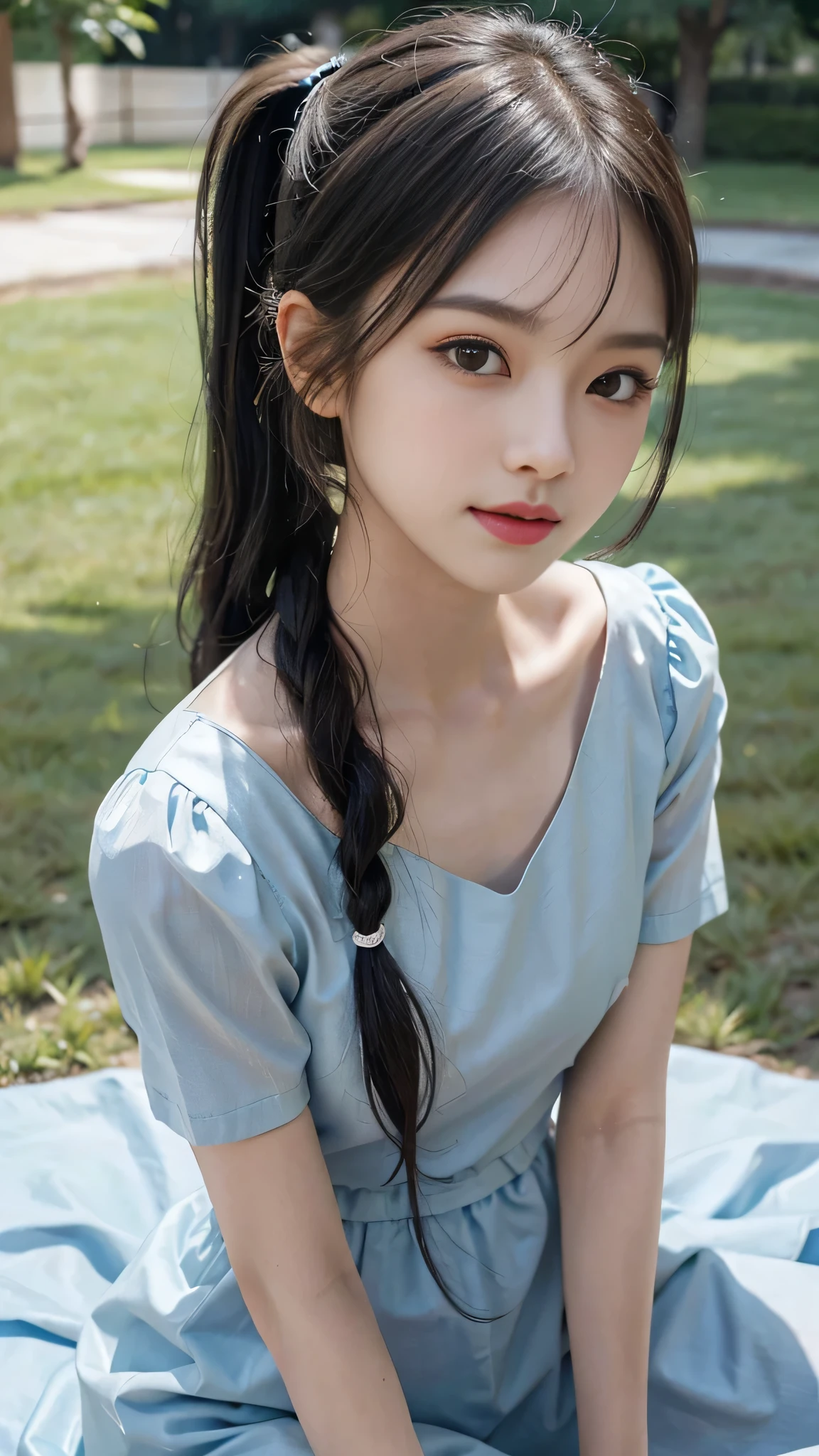 collared dress,Park,On the lawn,Close up face,One woman,masutepiece, The highest image quality, High quality, the background is clear,Beautiful woman, Japanese,Ultra-detailed, finely detail, hight resolution, 8K Wallpaper, Perfect dynamic composition, Beautiful detailed eyes , Detailed, Detailed eyes, Detailed skin, Beautiful skin, 超hight resolution, (reality: 1.4),Very beautiful woman, Slightly younger face, Beautiful skin, slender, (Ultra photo realsisim), (hight resolution), (8K), (Very detailed) (beautifully detailed eyes), (super detailed), (Detailed face), view the viewer, Fine details, Detailed face, Staring straight ahead, Staring straight ahead, photos realistic, Bright lighting, Professional Lighting, Black hair,poneyTail,a baby face,fourteen years old,Hairstyle: ponytail,Long ponytail hairstyle,slight smile,neat and tidy clothing,Beautiful Japanese KPOP idol photo, hair style is ponytail, my eyes are double and wide, baby face, smile and look straight ahead, slender, small breasts,Close up face,