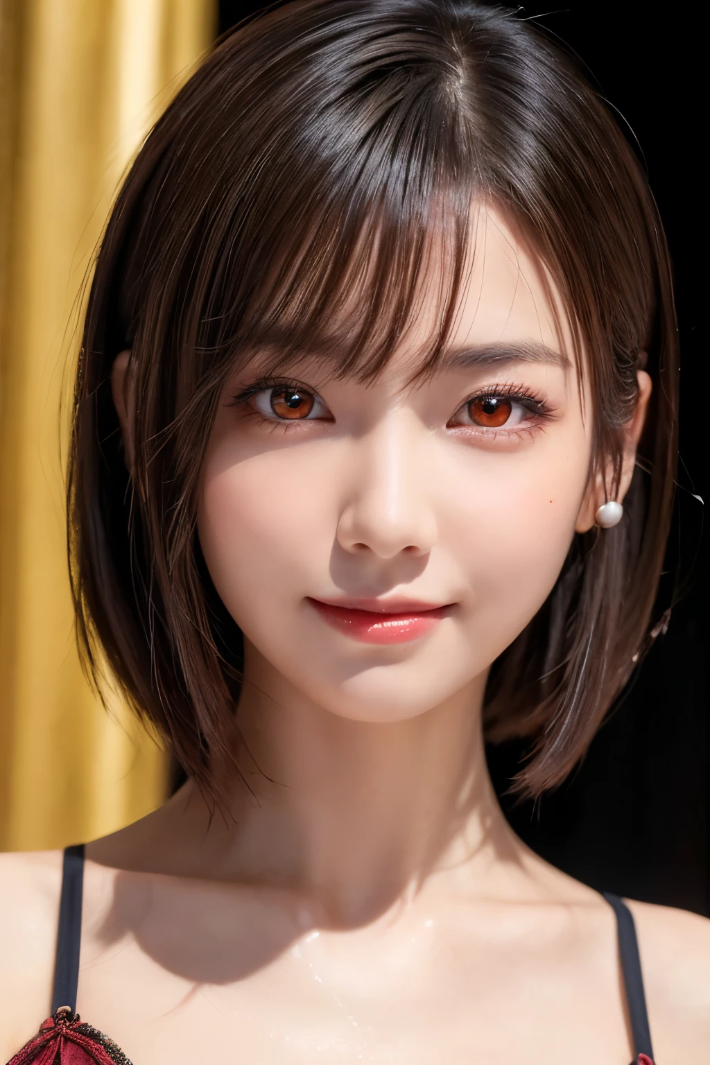 (masterpiece:1.2, Highest quality), (Beautiful, detailed eyes: 1.2、Beautiful skin、Beautiful hair、Good posture and dignity、Beautiful manners、sympathy、Beautiful eyes), ((One Woman)), (Red eyes:1.4), (Detailed eyes and face:1.3), ((Woman with short hair)), (Beautiful and vivid background:1.2), (Highly detailed CG, Super detailed, Best Shadow:1.1), ((Depth of written boundary)), ((watercolor)), beautiful concept figure, (Orange background:0.5), (figure:1.1), (Very nice and beautiful:1.1), (Perfect detail:1.1), from the front, Cowboy Shot, scenery 、Put out your ears、Long beautiful neck、Close your mouth and smile happily at the viewer