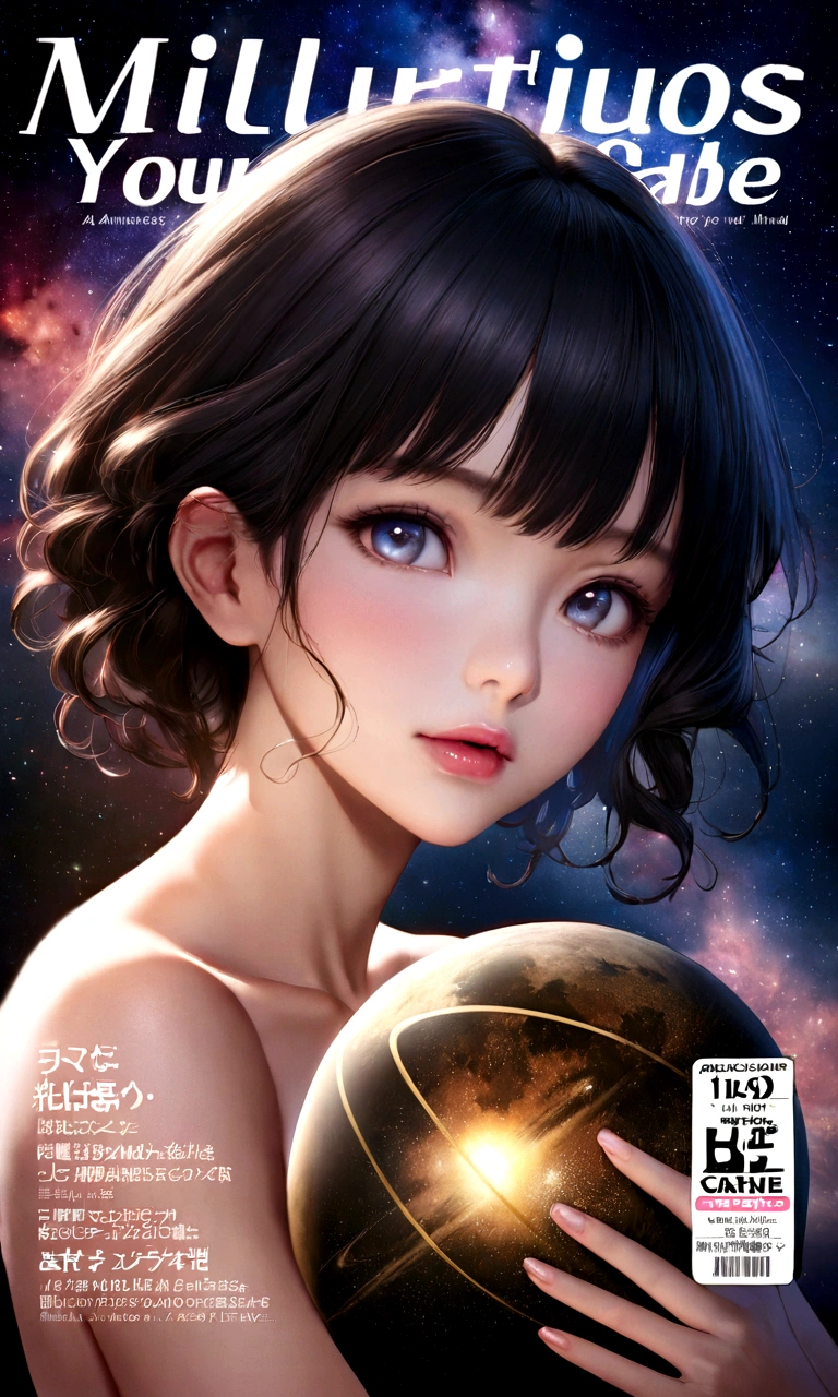 magazine、scoop、A nude body bigger than a small globe、Hold the Earth in your hand and bring it to your mouth、universe space、Sexy pose、Small breasts、Realistic、Magazine Cover、anime、リアルanimeスタイル、short hair、Black Hair、Cute woman、Beauty、model、Portrait、Steamy、steam、Japanese Idol、20th Generation、Milky Way、nebula、Mars、Saturn、moon、Spectacular atmosphere、animeキャラクターのポスター