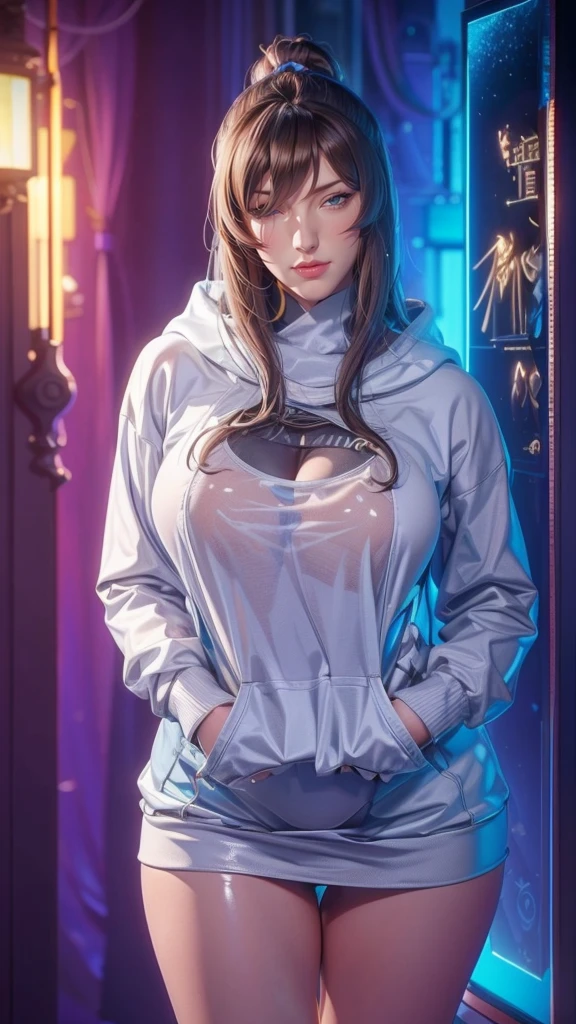 （（（Perfect figure，figure，solo， White and tender skin，（（（hoodie，wearing a hoodie））），（（（with_Terumi,long hair, brown hair, green eyes, hair over one eye, Red brown crossed long curly hair, right eye covered by hair, pink lipasterpiece)),high resolution, ((Best quality at best))，masterpiece，quality，Best quality，（（（ Exquisite facial features，Looking at the audience,There is light in the eyes，(（（Smile，confidence)））)，））），型figure:1.7））），（（（Light and shadow，Huge breasts））），（（（Looking at the camera，black background，colorful, neon lights,baby pink, baby yellow, Silver, white,Bend forward ））view from side, accentuated ass, curved ass, hoodie lifting to show ass, bare ass, hands in hoodie pocket, breasts unblocked, skin tight clothes, 