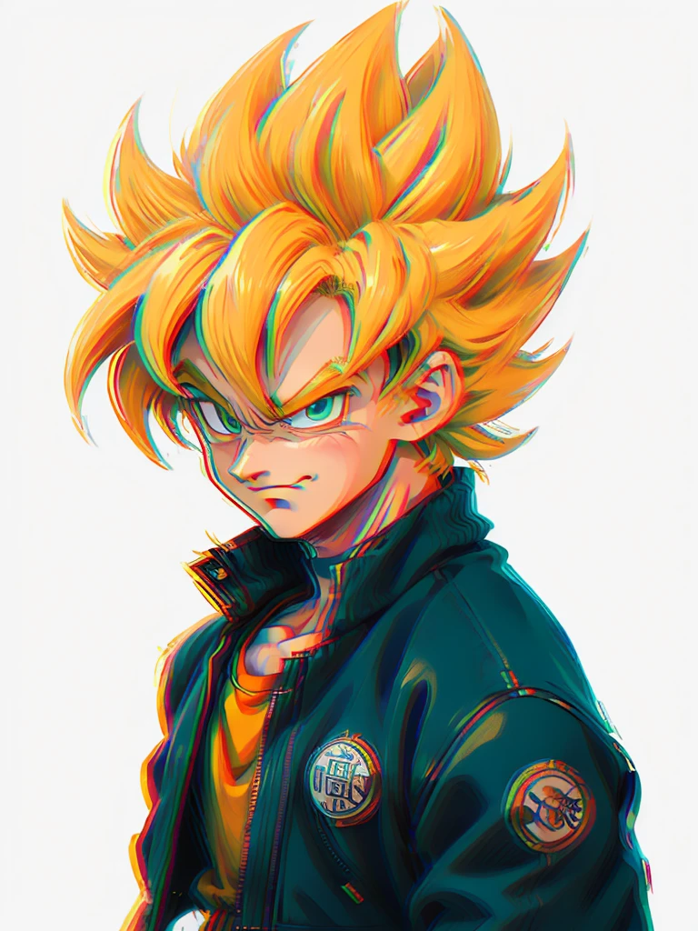 1man, solo, (masterpiece), best quality, ultra-detailed, Son Goku from Dragon Ball Z, super saiyan hair, yellow hair, Retro style, full body. fashion cloth, blue jacket, orange shirt, fancy, portrait, upper body, face detail, eyes detail: 1.3, simple background, green eyes, orange shirt, white background.
