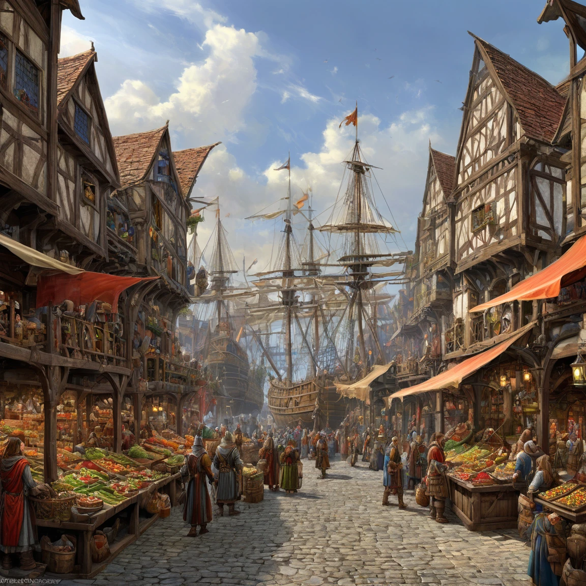 ((best quality)), ((masterpiece)), ((realistic,digital art)), (super detailed), (large market on a merchant port), (style medieval fantasy)