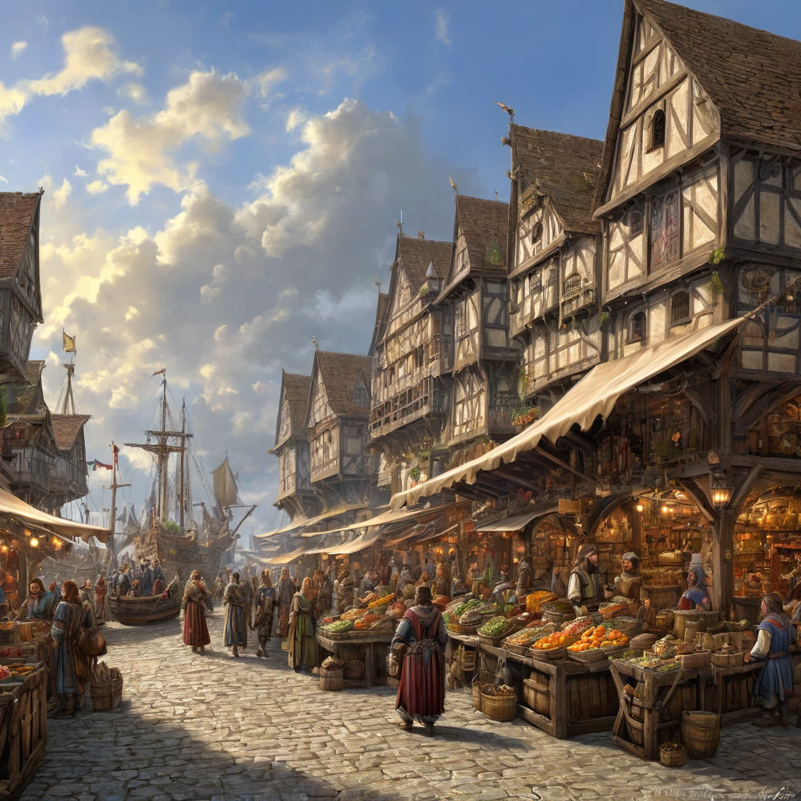 ((best quality)), ((masterpiece)), ((realistic,digital art)), (super detailed), (large market on a merchant port), (style medieval fantasy)