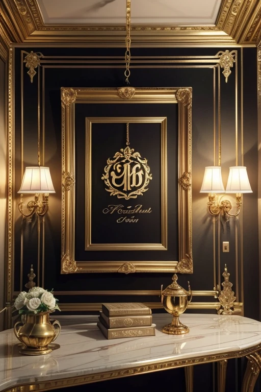 Render the name 'Vitória' in ornate, golden lettering, with intricate details and a regal atmosphere.hanging on a fancy wall in a beautiful frame.in the corner beautiful pots of roses.luxuy lamps