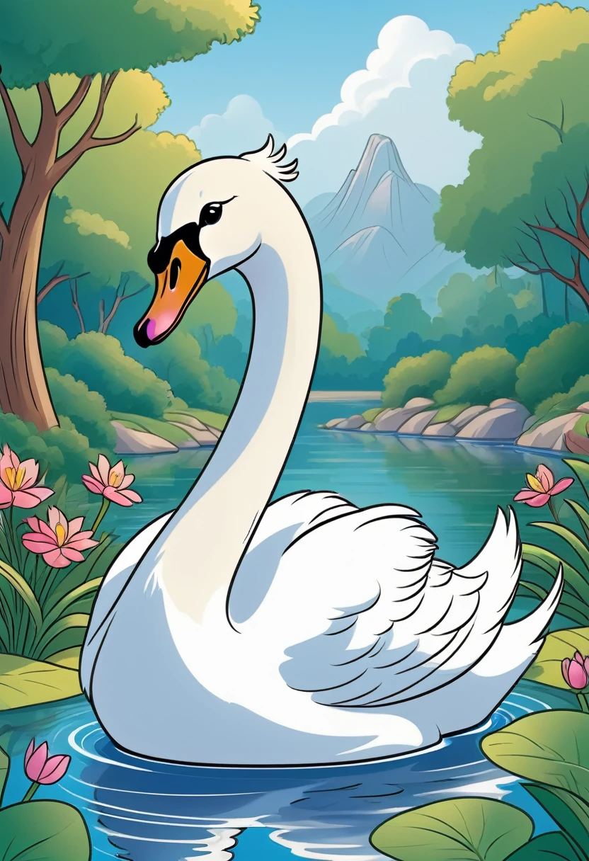 create a picture of a coloring book page with a smiling swan, in Disney style simple line illustration style and you will have a high quality full body view