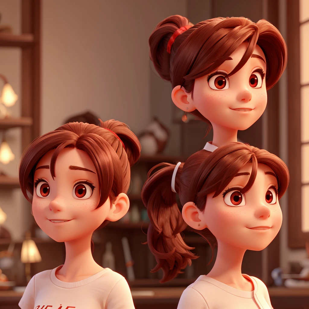 Tall girl Red eyes Dark hair Ponytail with fringe Front face 