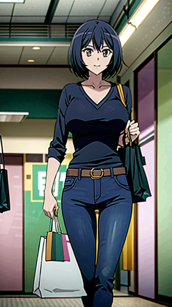 Kanade sakurada, black hair, short hair, green hair, orange hair, v neck shirt, longe sleeve, blue jeans, large breast, brown shoes, full boody, smiling, belt, shoping center, indoors, shopping bag, 