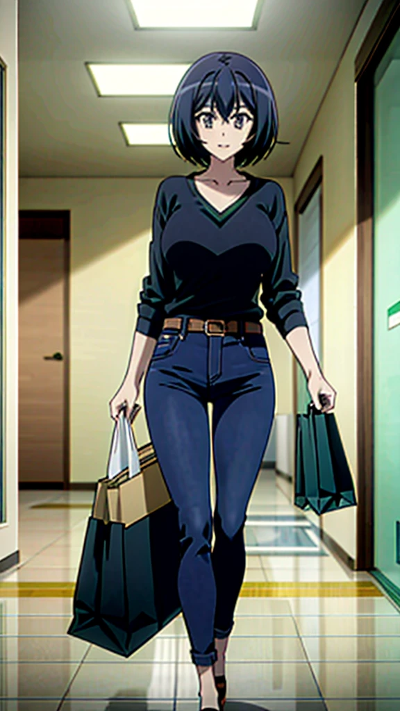 Kanade sakurada, black hair, short hair, green hair, orange hair, v neck shirt, longe sleeve, blue jeans, large breast, brown shoes, full boody, smiling, belt, shoping center, indoors, shopping bag, 