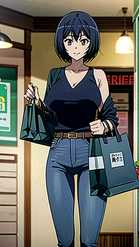 Kanade sakurada, black hair, short hair, green hair, orange hair, v neck shirt, longe sleeve, blue jeans, large breast, brown shoes, full boody, smiling, belt, shoping center, indoors, shopping bag, 