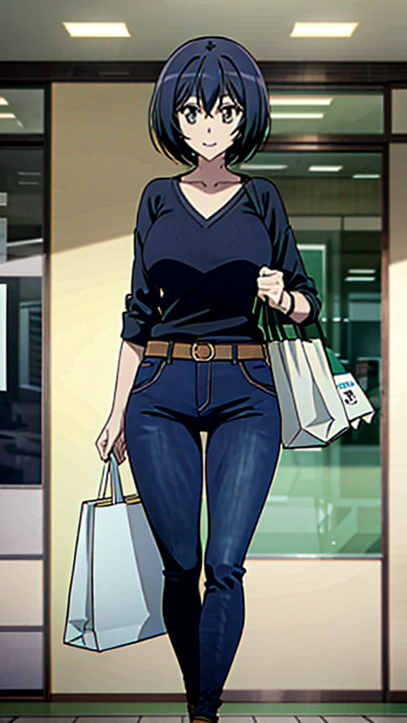 Kanade sakurada, black hair, short hair, green hair, orange hair, v neck shirt, longe sleeve, blue jeans, large breast, brown shoes, full boody, smiling, belt, shoping center, indoors, shopping bag, 