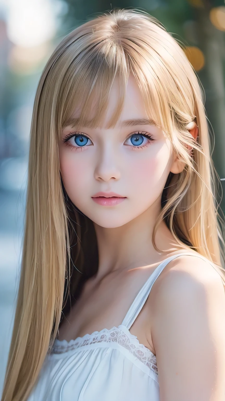 RAWE Photo, ((Portraits of extreme beauty))), (Shining, snow-white skin)), One beautiful girl、 Pretty beautiful girl aged 15 from Prague, (Shiny bright natural blonde hair)), [Bright blue eyes], silky thin blonde hair, Super long straight hair, Eyeliner, disheveled bangs, Small Face Beauty、round face、Bangs between the eyes, Dancing Hair, Shy expression, ((Mastepiece, Best quality, Ultra Detail, Film Light, Intricate details, It is high resolution. , 8k, Very detailed)), Detailed background, 8K UHD, Digital SLR, Soft Light, High quality, Film Grain, Fuji XT3, Shallow depth of field, Natural light, (Perfect Hands), Perfect beautiful face, White Crop Top,((Full body pose)).