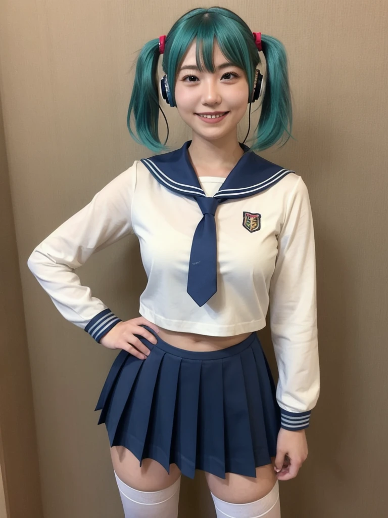 best quality, masterpiece, realistic, photorealistic, 1girl, solo, looking at viewer, smile, standing, full body, arms at side, cosplay, aqua hair, twintails, hair ornament, very short hair, headphones, alternate costume, , sailor collar, shirt, long sleeves, necktie, skirt, pleated skirt, white thighhighs, loafers, simple background, Japanese women、24-years-old