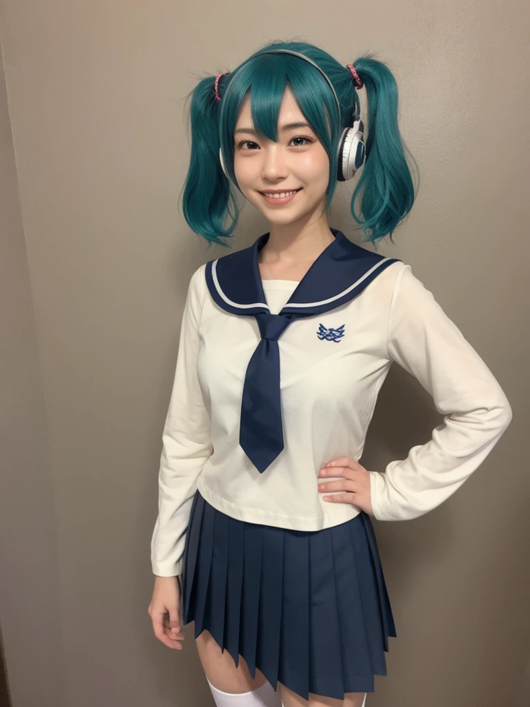 best quality, masterpiece, realistic, photorealistic, 1girl, solo, looking at viewer, smile, standing, full body, arms at side, cosplay, aqua hair, twintails, hair ornament, very short hair, headphones, alternate costume, , sailor collar, shirt, long sleeves, necktie, skirt, pleated skirt, white thighhighs, loafers, simple background, Japanese women、24-years-old