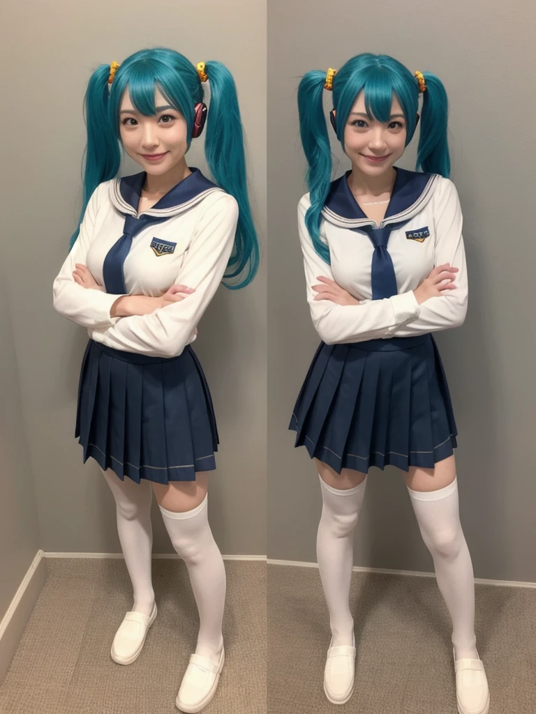 best quality, masterpiece, realistic, photorealistic, 1girl, solo, looking at viewer, smile, standing, full body, arms at side, cosplay, aqua hair, twintails, hair ornament, very short hair, headphones, alternate costume, , sailor collar, shirt, long sleeves, necktie, skirt, pleated skirt, white thighhighs, loafers, simple background, Japanese women、24-years-old