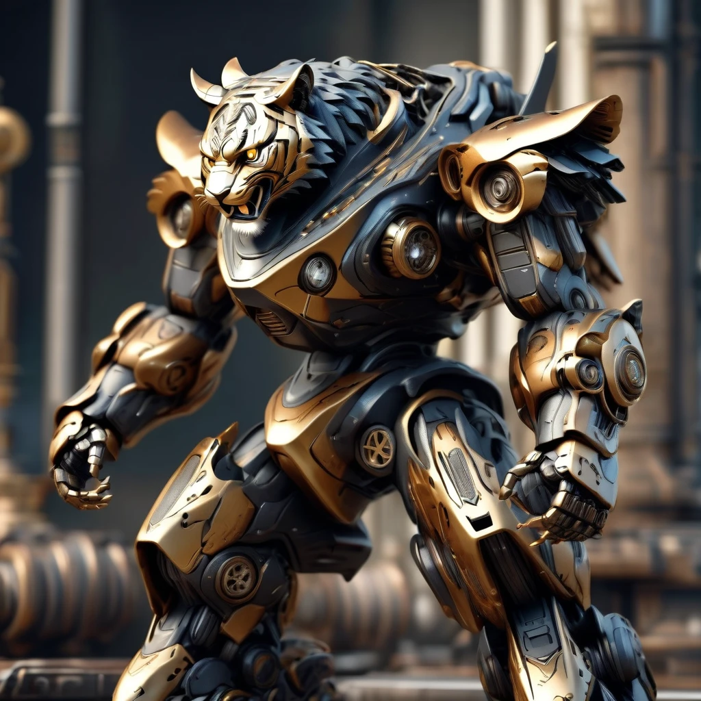 - Highly detailed mechanical tiger robot with automail-inspired limbs, exposed gears and pistons, metallic surfaces, equipped with multiple weapons, simple studio background, ((Masterpiece)), ((Best Quality)), (Very Detailed), ((Very Detailed)), 4K, (8K), very aesthetic, absurdres highres, 