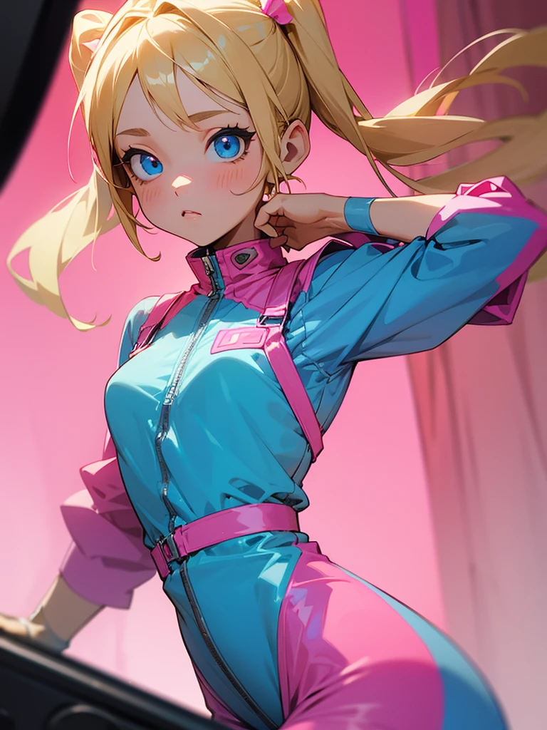 1 girl, two pigtails falling over her shoulders with pink rubber bands, blond hair, blue eyes, wearing a pink jumpsuit dress, in her room, listening to music