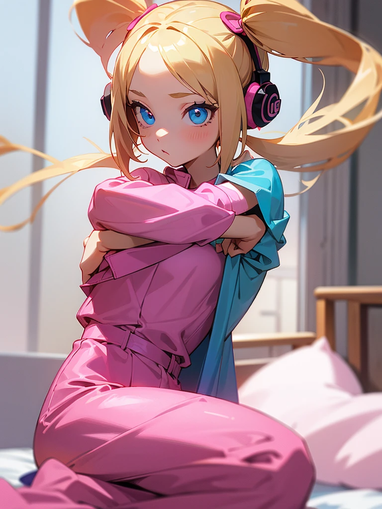 1 girl, two pigtails falling over her shoulders with pink rubber bands, blond hair, blue eyes, wearing a pink jumpsuit dress, in her room, listening to music