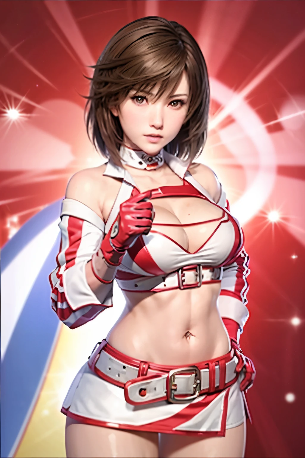 (best Quality:1.8), Reiko, breasts, (very high resoultion:1.6), short hair, skirt, brown hair, thighhighs, gloves, navel, cleavage, brown eyes, boots, midriff, belt, miniskirt, crop top, piercing, race queen, navel piercing, fingerless gloves, clothing cutout, cleavage cutout, choker, biceps, (upper body:1,4), long belly
