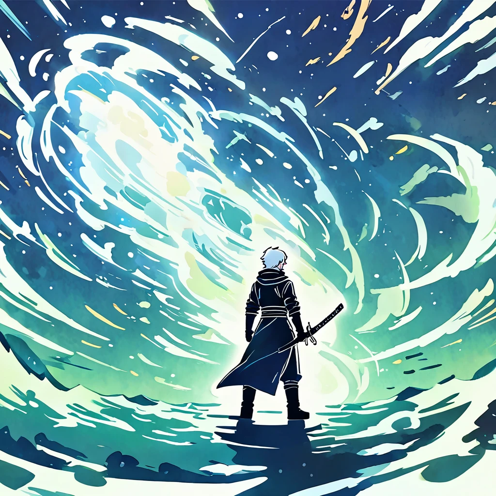 (Masterpiece), (Best Quality), illustration, Fictional world, Dungeonpunk, white portal, ((anime styling))
Boy with white hair ( Similar to Satoru Gojo ) dark shaped eyes, Black clothing with white details, standing backwards, se aproximando ao pequeno white portal que está logo a frente, katana, eletrrcixade