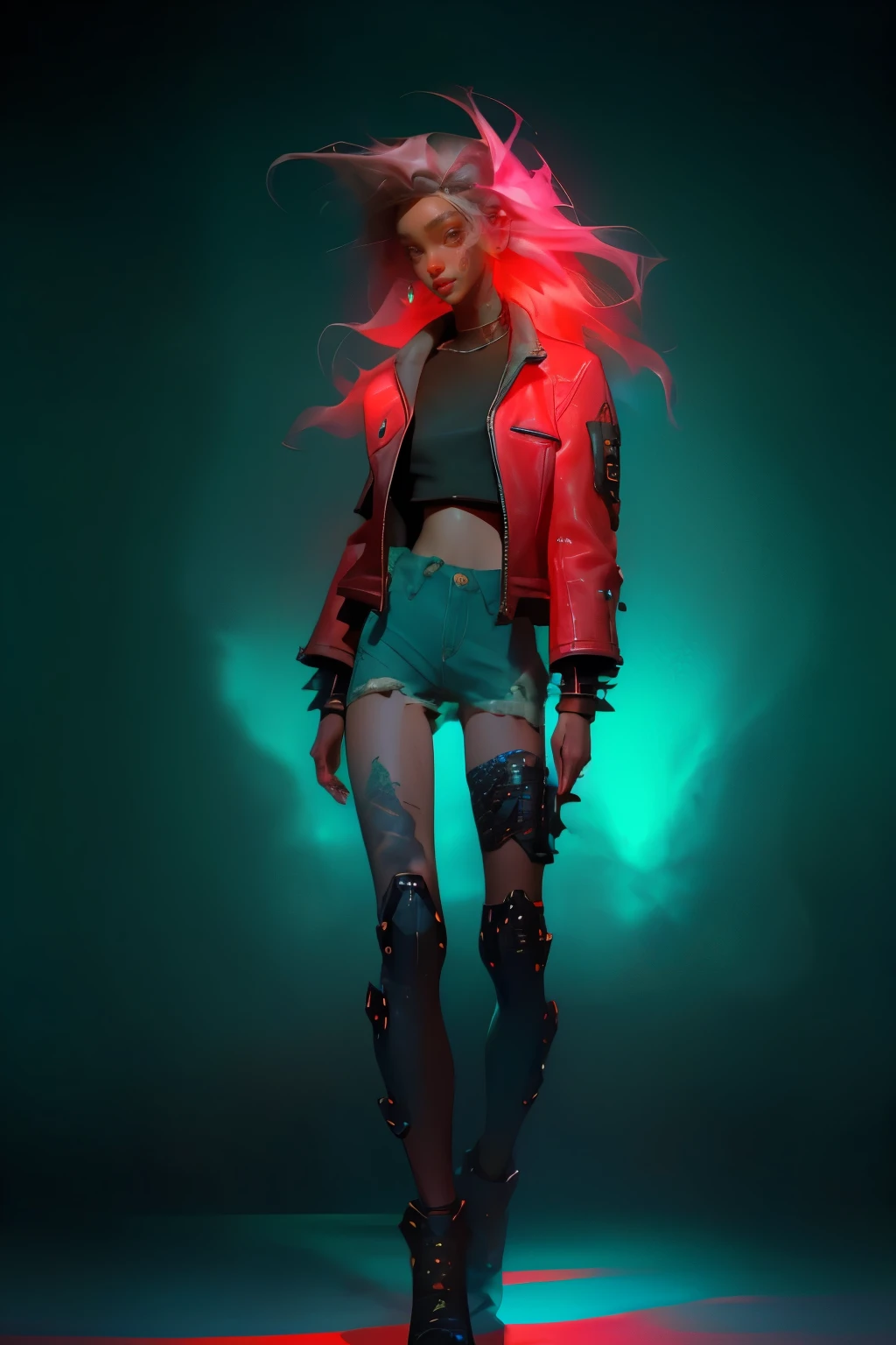 Subject: A Dark and Mysterious Woman with a Scarred Face
* Style: Horror with a Touch of Cyberpunk
* Details:
  * Translucent Skin Revealing an Intricate Brain Structure, illuminated by Bioluminescent Lighting from the surrounding Coral Reefs.
  * Full Body with one Mechanical Leg, painted in neon hues, contrasting with the organic elements of the underwater scene.
  * Dressed in 80s Punk Rock Clothing, featuring ripped denim, leather jackets, and neon accessories, adding an edgy contrast to her eerie and otherworldly appearance.
  * Her