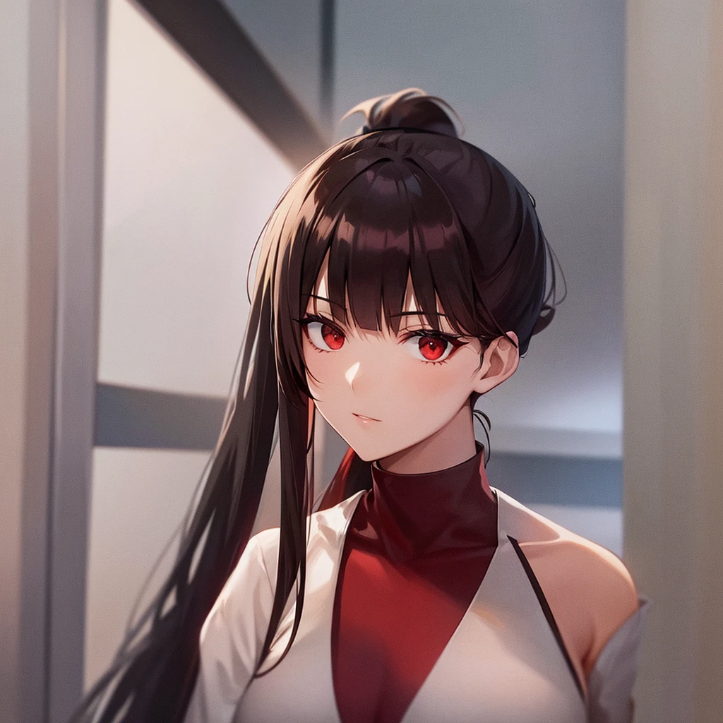 Tall girl Red eyes Dark hair Ponytail with fringe Front face