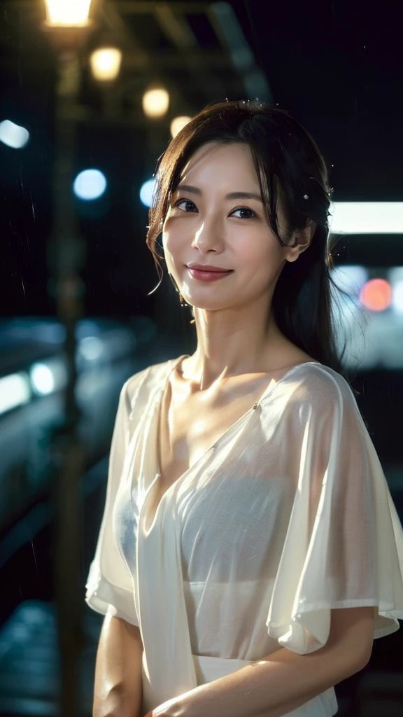 (Very realistic frontal cowboy shot taken by a professional photographer, Seductive pose, 32k, 7 heads、looking at viewer, Staring Intently :1.2),(A pure white, extremely thin fabric business short-sleeved open-neck shirt with a wide V-neck, Soaking wet:1.4)。((Highest quality)), ((masterpiece)), (detailed), (midnight ,A modern train station platform in Tokyo on a dark, pouring, stormy night, Low Key Lighting:1.6)、( A very beautiful, extremely elegant and intelligent 42 year old Japanese woman。Very intelligent and goddess-like face。An extremely elegant, calm and modest smile, Being drunk、My eyes are quite watery、I'm very horny、embarrassed ,blush, Curvy Body:1.7)、A short, well-groomed, shiny black haircut。The skin is white and very smooth。 (A very hot rainy summer night、I'm pretty sweaty、My clothes were soaking wet and transparent、When wet, it sticks perfectly to your skin, revealing your beautiful body lines.、Through the extremely thin fabric, her skin and her navy blue, lacy, high-end underwear are clearly visible.:2.9)。(A long navy pencil skirt with a long slit in the front,The clothes fit the body very well:1.8), (The line of the chest, collarbone and décolletage are extremely beautiful.:1.9)。She is looking straight at the camera with a very shy look on her face.。Light makeup and no piercings,A simple and modest pearl necklace、Holding tightly to the groin with both hands、large chests