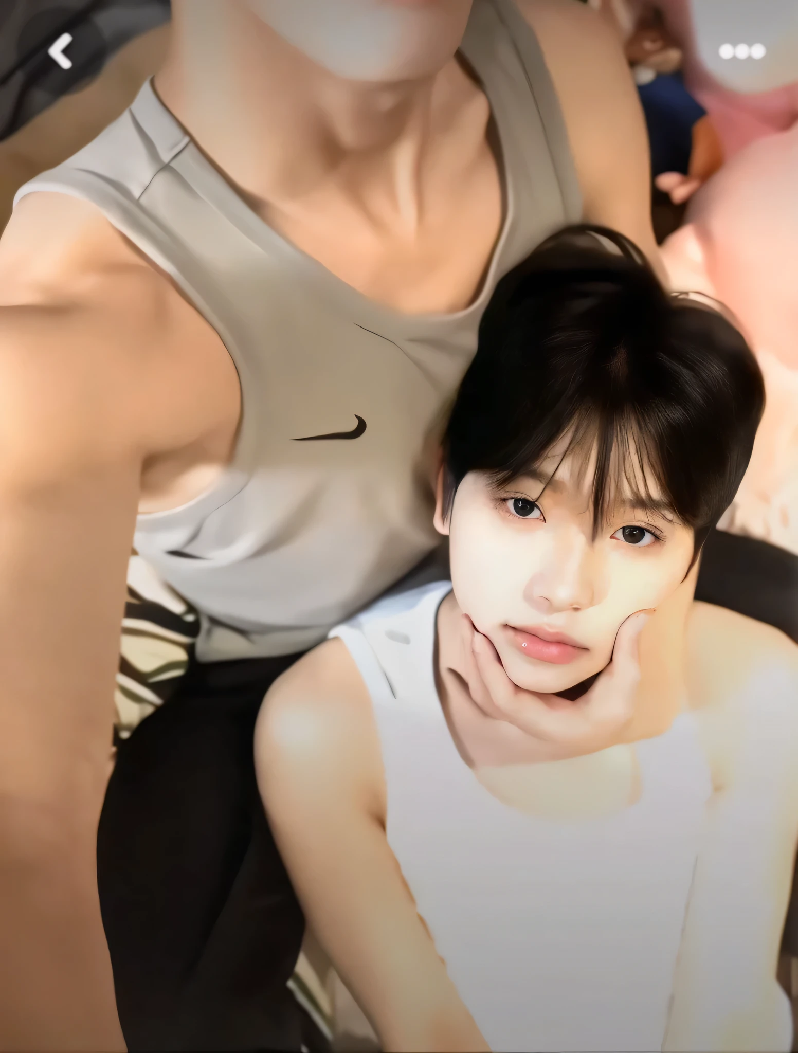 there is a man and a who are sitting together, [ realistic photography ], pale korean adorable face, soft on _ the bottom, 8k!!, cai xukun, [ realistic photo ]!!, [ 4 k photorealism ]!!, photorealistic!!!!!!! Art Style, 8k selfie photography, kim doyoung, inspired by Sim Sa-jeong, south korean man