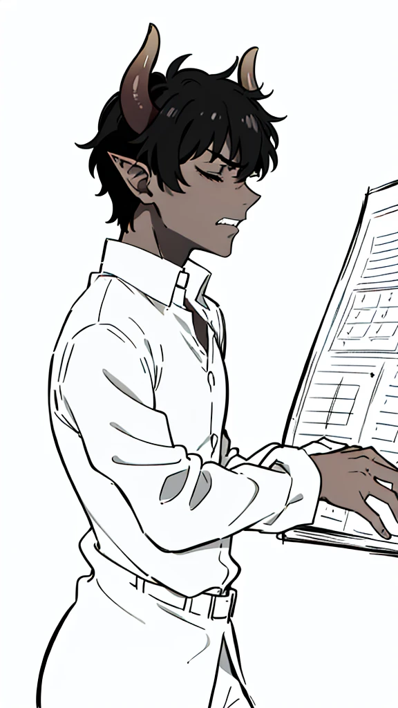 (1boy,,solo),((dark skin)),(white shirt,long sleeves),Short hair,black hair,elf ears,(horns),(white background,line drawing),teeth,closed eyes,angry,profile,tied_wrist