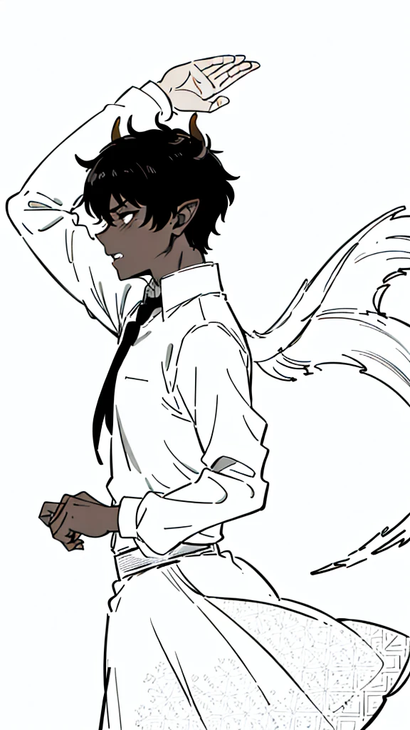 (1boy,15 years old,solo),((dark skin)),(white shirt,long sleeves),Short hair,black hair,elf ears,(horns),(white background,line drawing),teeth,closed eyes,angry,profile,tied_wrist