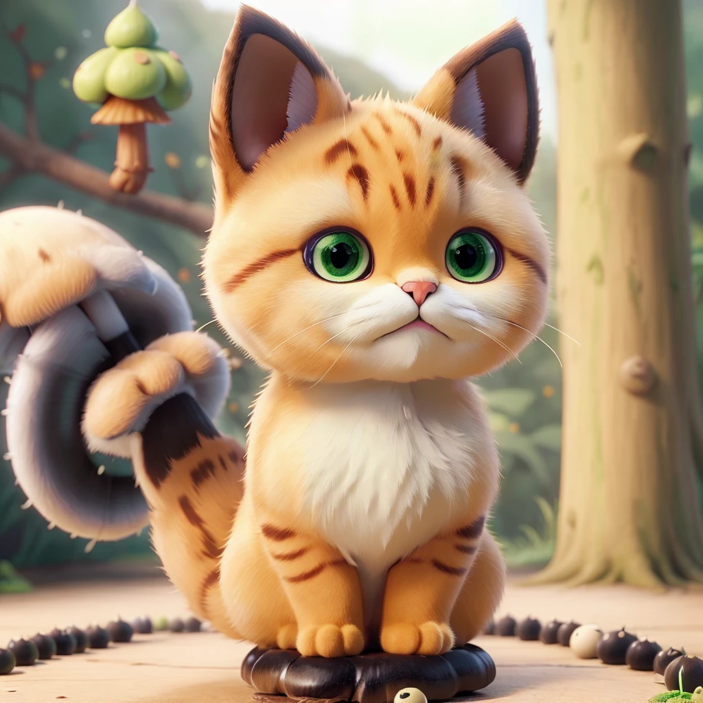 After the cat ate green poisonous mushrooms,Turned into a poisonous mushroom cat。Cat wears matcha green poisonous mushroom on its head。 Its body and legs are shaped like poisonous mushrooms,body becomes round,The legs also become shorter,But without losing the cat’s hair。 The eyes become too round and too,A green one,Another sapphire blue。
