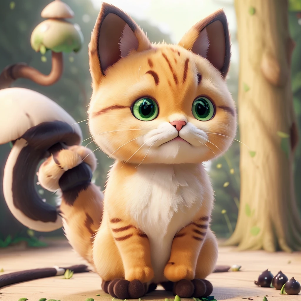 After the cat ate green poisonous mushrooms，Turned into a poisonous mushroom cat。Cat wears matcha green poisonous mushroom on its head。 Its body and legs are shaped like poisonous mushrooms，body becomes round，The legs also become shorter，But without losing the cat’s hair。 The eyes become too round and too，A green one，Another sapphire blue。