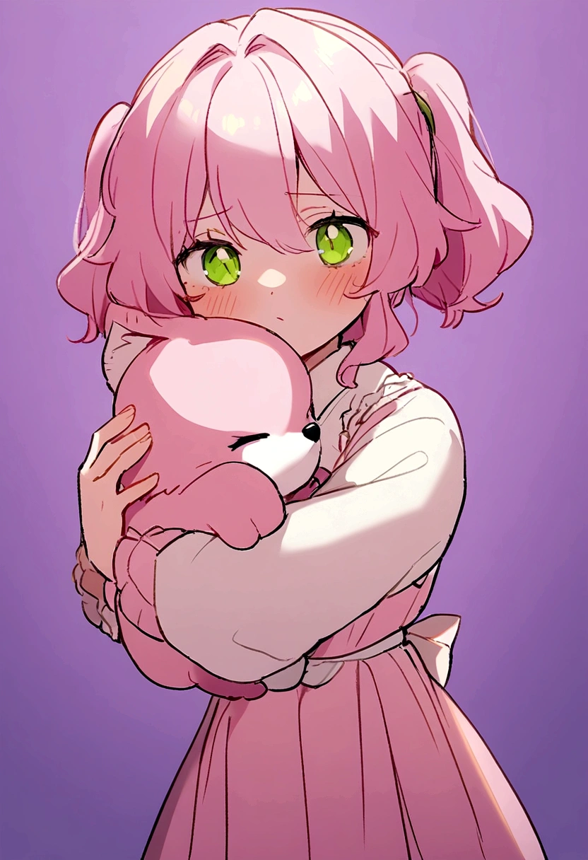 ((Furson,girl,pink clothes,tender, small,green eyes,purple background