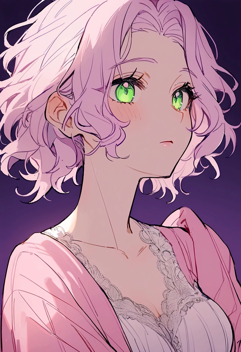 ((Furson,girl,pink clothes,tender, small,green eyes,purple background