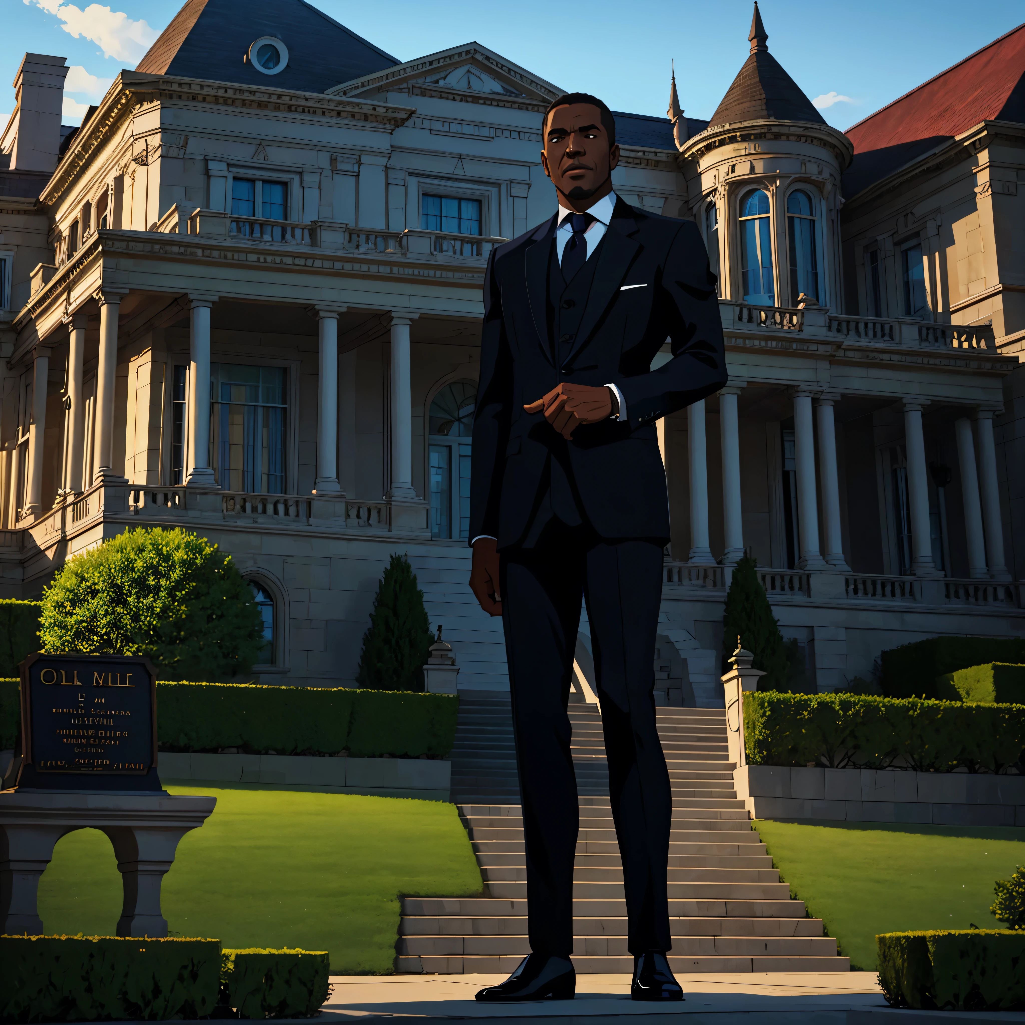 black man standing on the front lawn of a one million dollar mansion, cinematic action, masterpiece, super detail, textured skin, atmospheric perspective,
