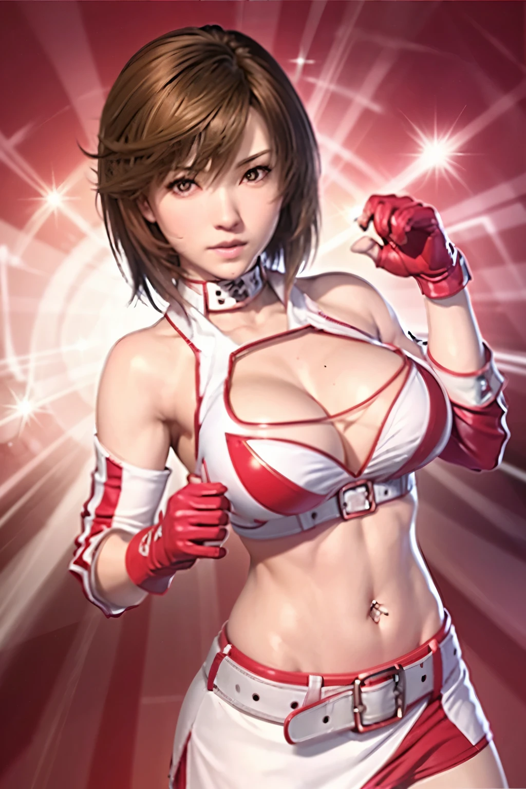 (best Quality:1.8), Reiko, breasts, (very high resoultion:1.6), short hair, skirt, brown hair, thighhighs, gloves, navel, cleavage, brown eyes, boots, midriff, belt, miniskirt, crop top, piercing, race queen, navel piercing, fingerless gloves, clothing cutout, cleavage cutout, choker, biceps, (upper body:1,4), long belly
