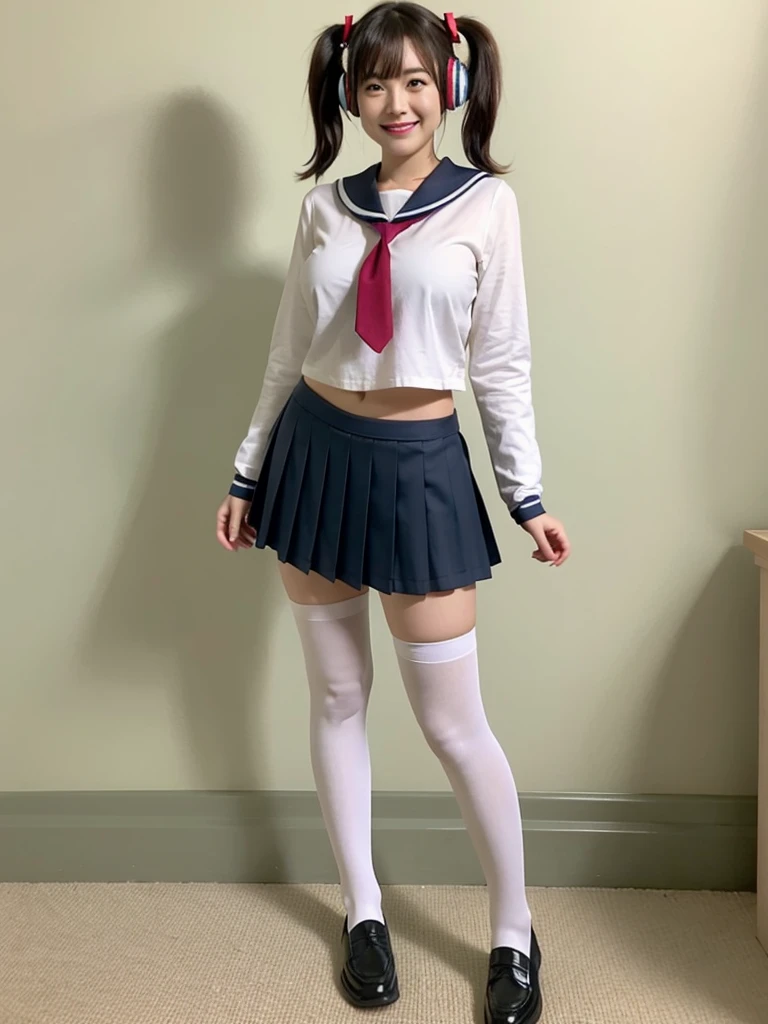 best quality, masterpiece, realistic, photorealistic, 1girl, 独奏, looking at viewer, smile, standing, full body, arms at side, cosplay, aqua hair, twintails, hair ornament, very short hair, headphones, alternate costume, , sailor collar, shirt, long sleeves, necktie, skirt, pleated skirt, white thighhighs, loafers, simple background, Japanese women、24-years-old、The background is a pure white room